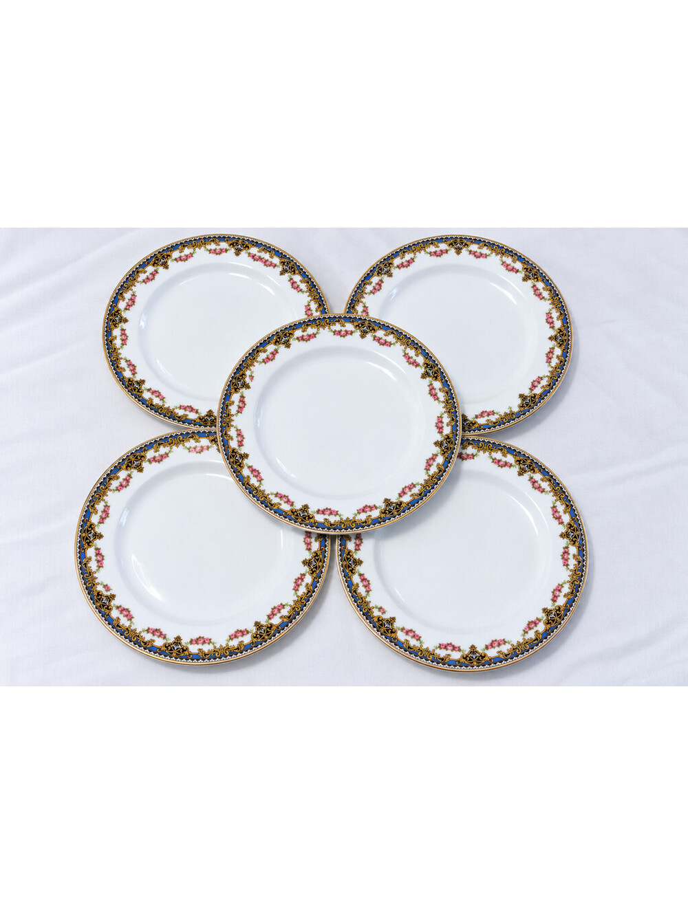 Antique Limoges France 7.5" Dessert Plates Set of 5 Blue Gold Pink Roses